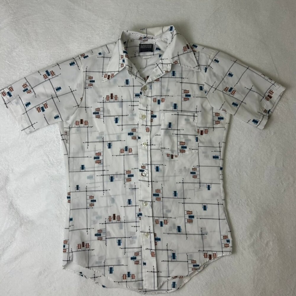 Vtg 70s Mr Dee Cee Disco Shirt Size 14.5 Geometric white. Flawed Condition